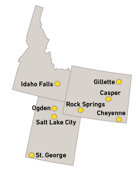 Map of Honnen Equipment stores in Idahho, Utah and Wyoming