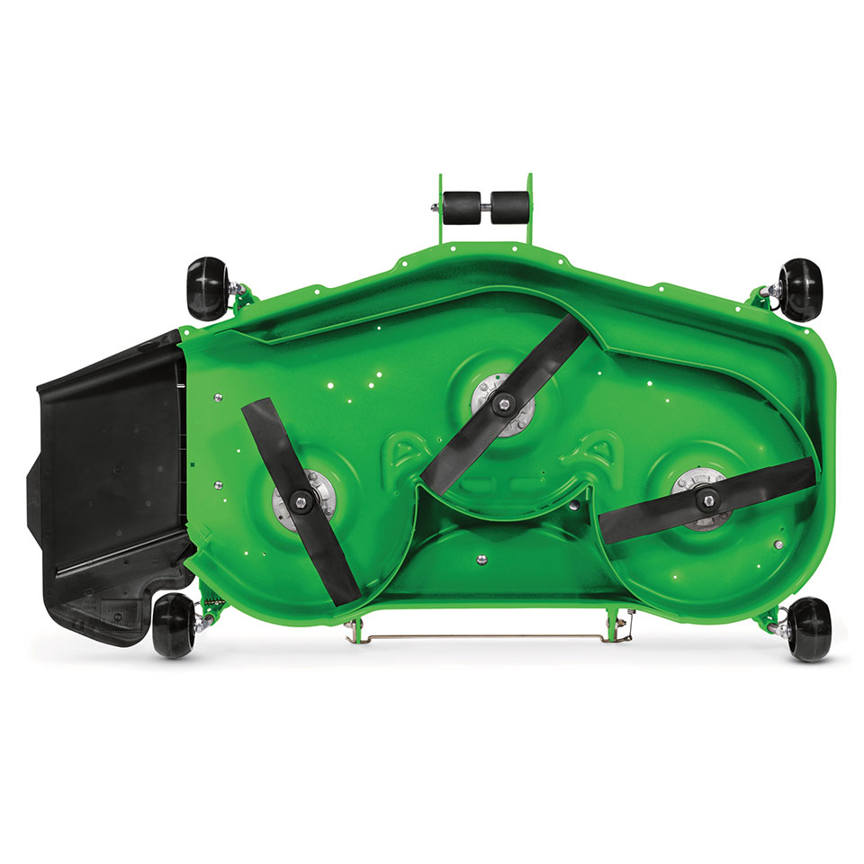 Underneath view photo of a John Deere mower deck with 3 blades.