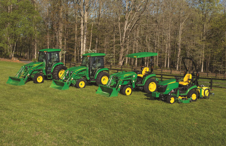Group of John Deere 1 through 4 series sub-compact and compact tractors.