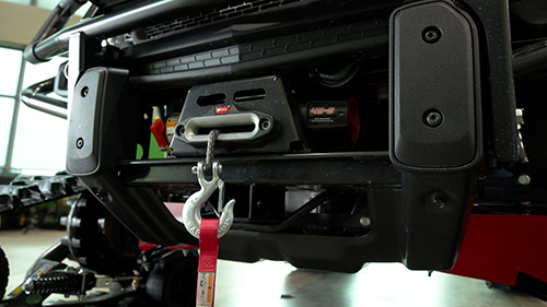 Close up on winch equipped with synthetic rope on Christine's Fire Department 'Fire Gator'