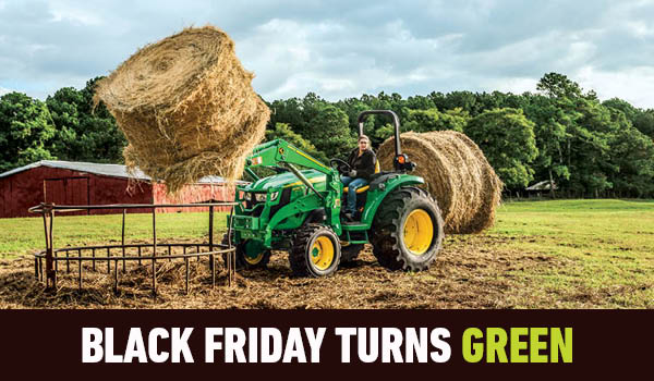 Black Friday banner for John Deere 4044M tractor.