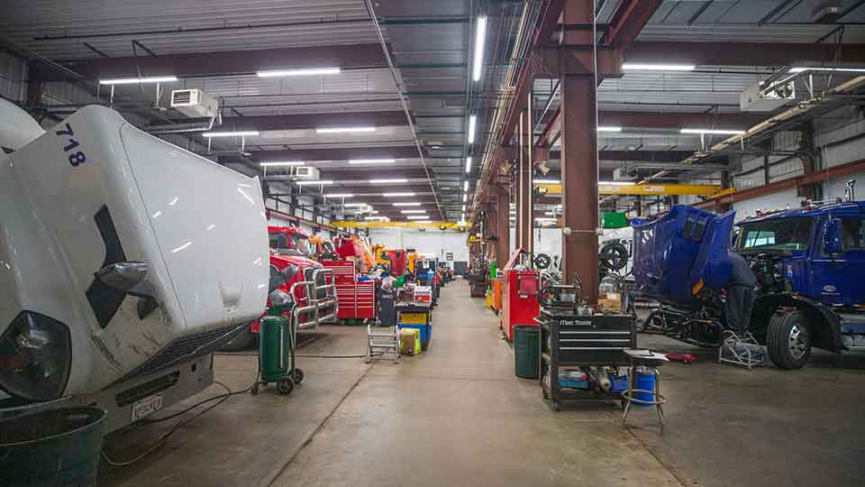 service shop at a semi truck dealership